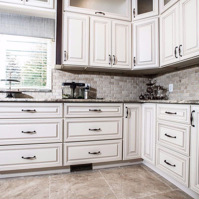 Modern White Kitchen Cabinets With Vintage Hardware for Small Space